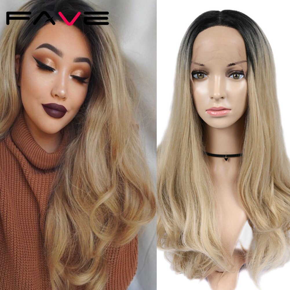 FAVE-Peluca de pelo largo ondulado para mujer, pelo sintético resistente al calor de fibra, con malla frontal, degradado, negro, marrón, Rubio, rojo, gris