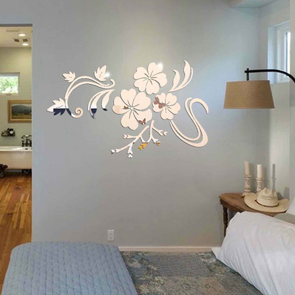 Hibiscus Shape Wall Sticker 3D Flower Acrylic Mirror Decal Bath Home Decor Sticker Self Adhesive Home Wall Decoration Supplies