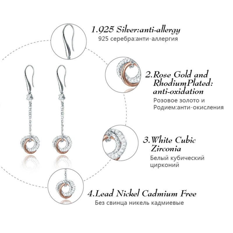 SA SILVERAGE 925 boucles d'oreilles en argent Sterling pour femmes bijoux fins couleur or Rose longue argent 925 boucles d'oreilles femmes Brincos