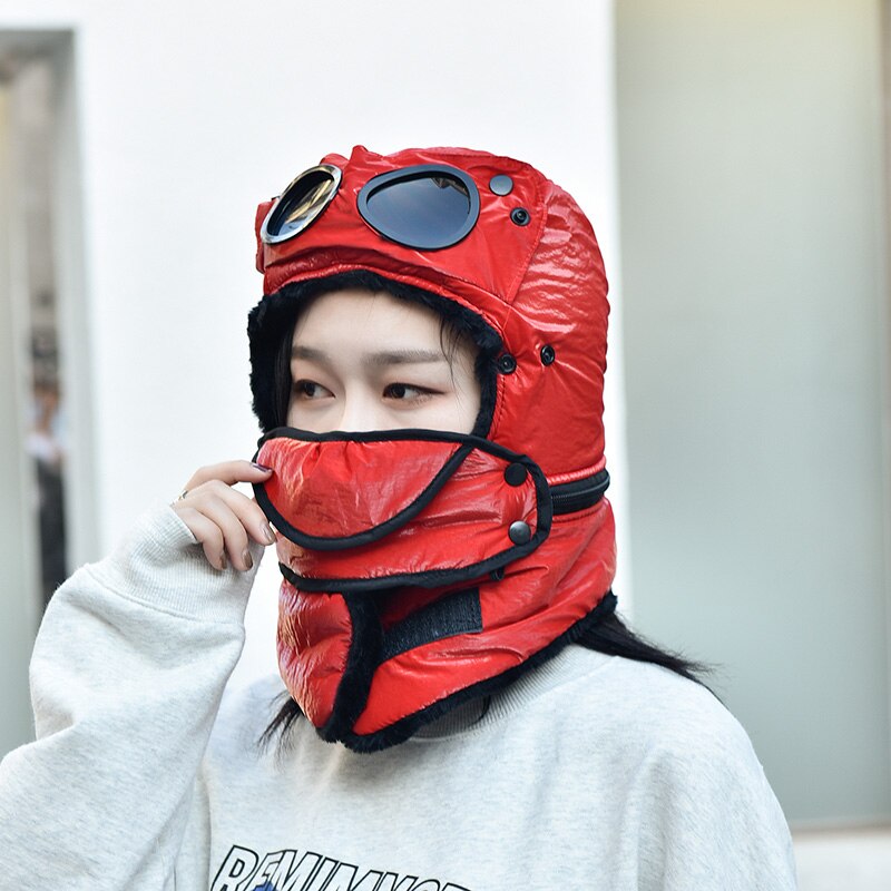 Coole Brille Kappe Neue Uschanka Winter Dicke Warme Faux Pelz Bomber Hut Männer Frauen Ski Maske Earflap Winddicht Volle gesicht Schnee Kappe: Rot