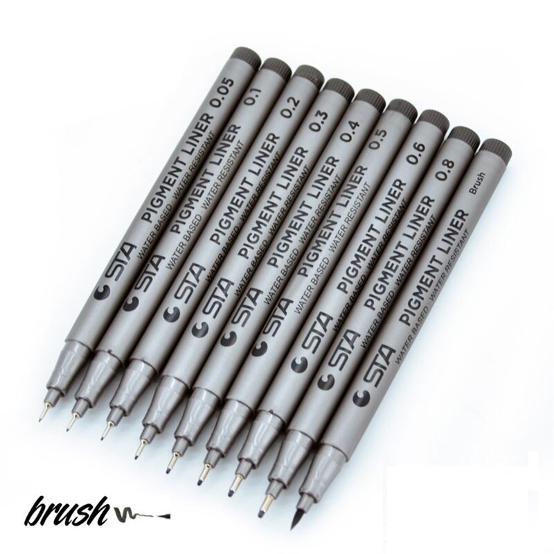 9PCS Sakura Liner Pigma Micron Pens Fineliner Set brush Ink Marker Sketching Pens Black marker Pigment Tip for drawing artist: Default Title