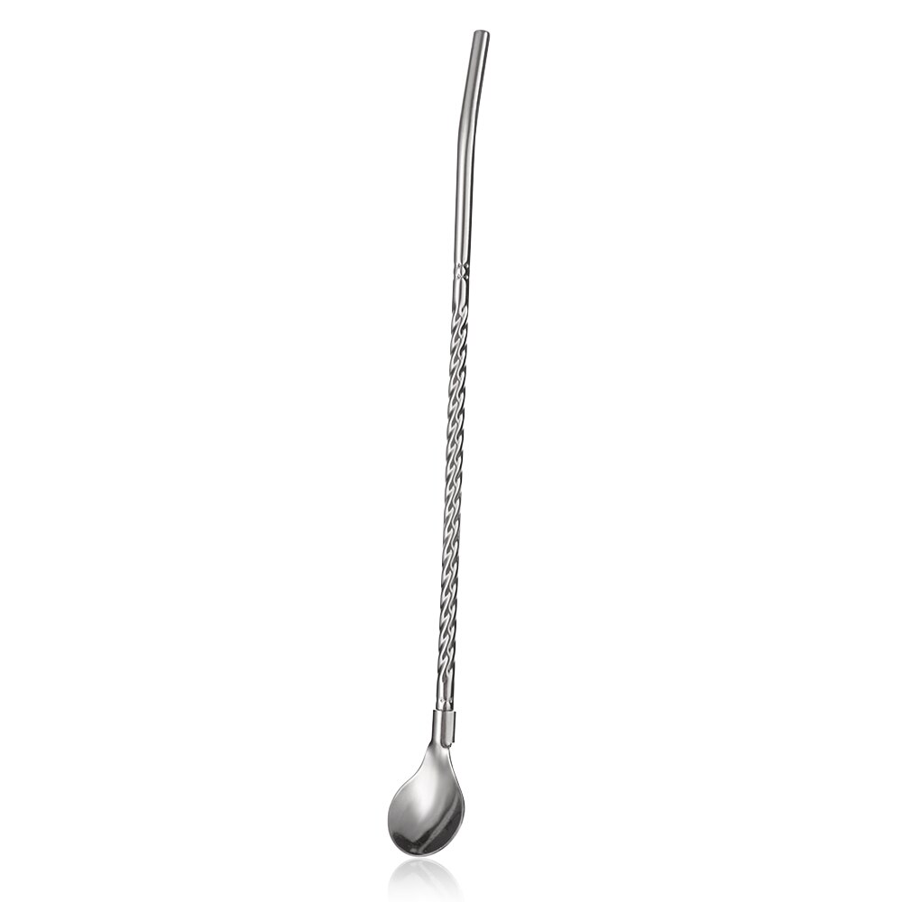 1 cuchara de paja trenzada portátil larga cuchara para té de color reutilizable cuchara de acero inoxidable para cóctel café herramientas para mezclar: silver