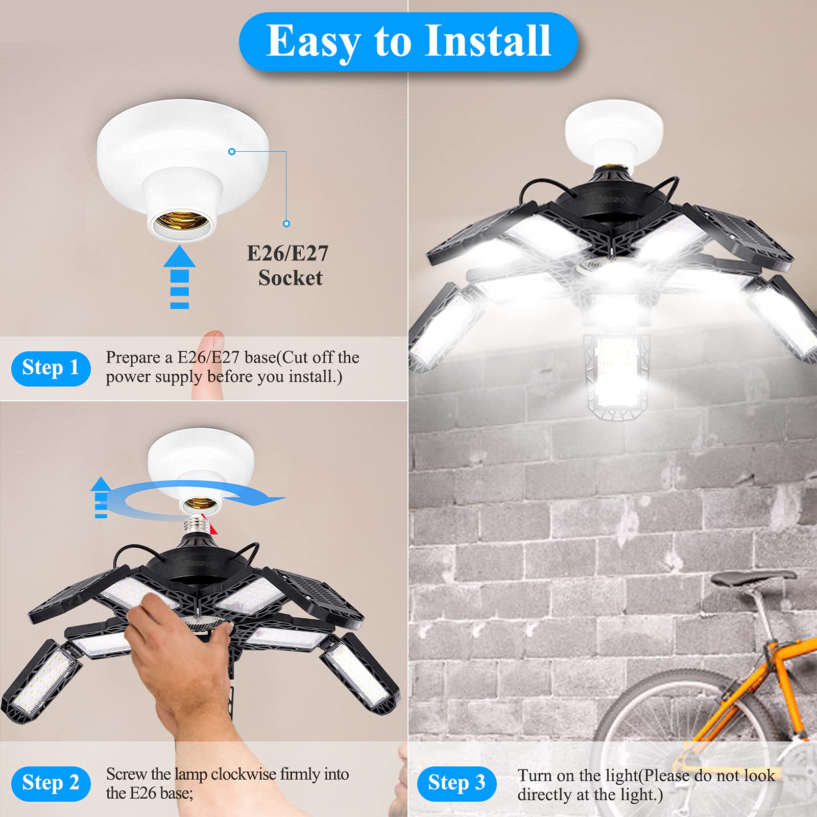 LED-Garagenleuchten mit 7/10+1 verstellbaren Paneelen, E26/E27, Decken-Shop-Arbeitslampe, 150 W, 6500 K Glühbirne für Werkstatt-Industriebeleuchtung