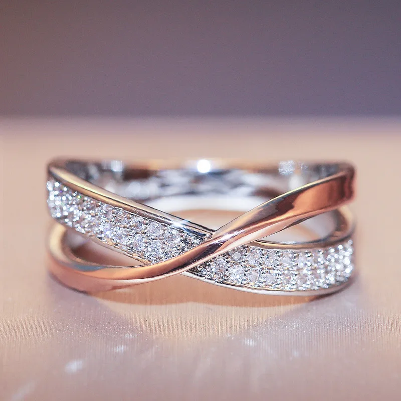 Classic Female Ring 925 Sterling Silver Two Tone X Shape Cross Rings For Women Infinite Dazzling Zircon Wedding Rings Anillos