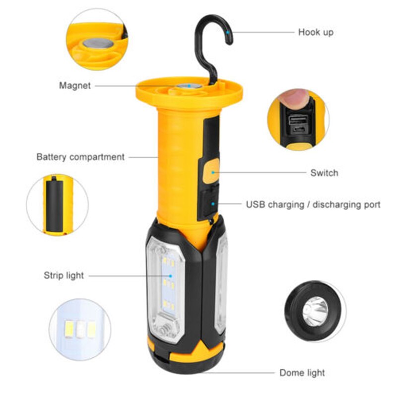 COB LED Flashlight Torch Portable Work Light Magnetic Inspection Lamp with Hanging Hook for Outdoor Camping