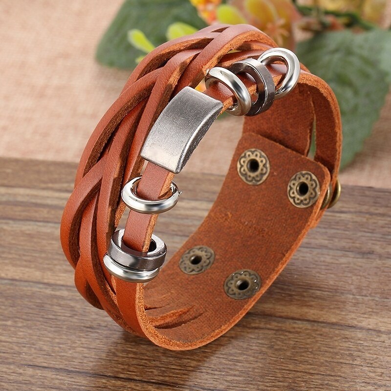 Bracciale rigido da uomo Vintage ▾ in pelle con borchie in acciaio con borchie in metallo