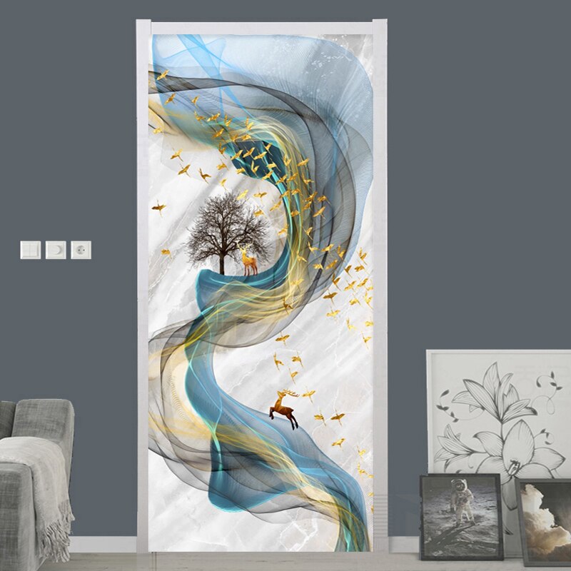 Pvc selvklæbende vandtæt dørmærkat 3d stereo abstrakt kunstlinje marmor tapet stue soveværelse boligindretning dørpasta