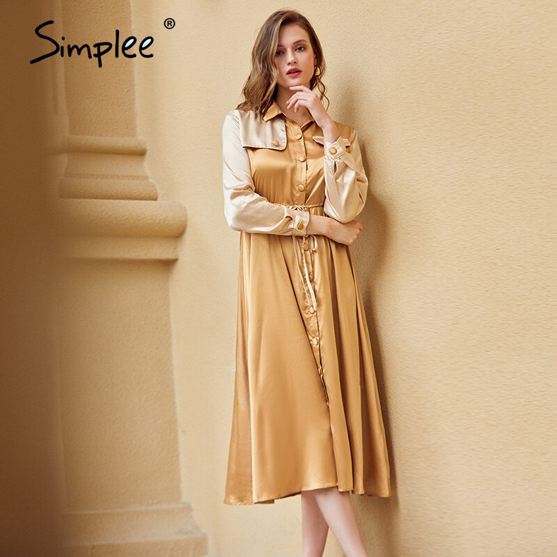 Simplee Vrouwen Elegante Kaki Mid Taille Lange Mouwen Jurk Herfst Winter Lange Vrouwelijke Veelzijdige Effen Kleur Satijnen Jurk