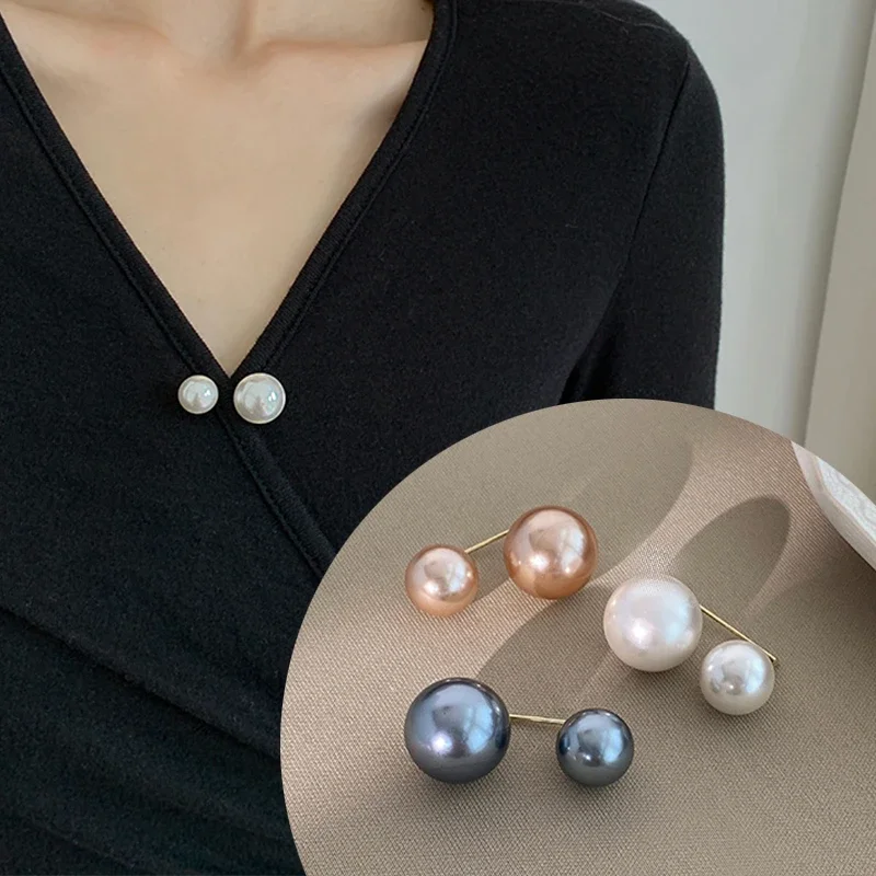 Women Tightening Waistband Pin Double Pearl Brooches Metal Lapel Pin Brooch Pins Sweater Shirt Cardigan Brooch