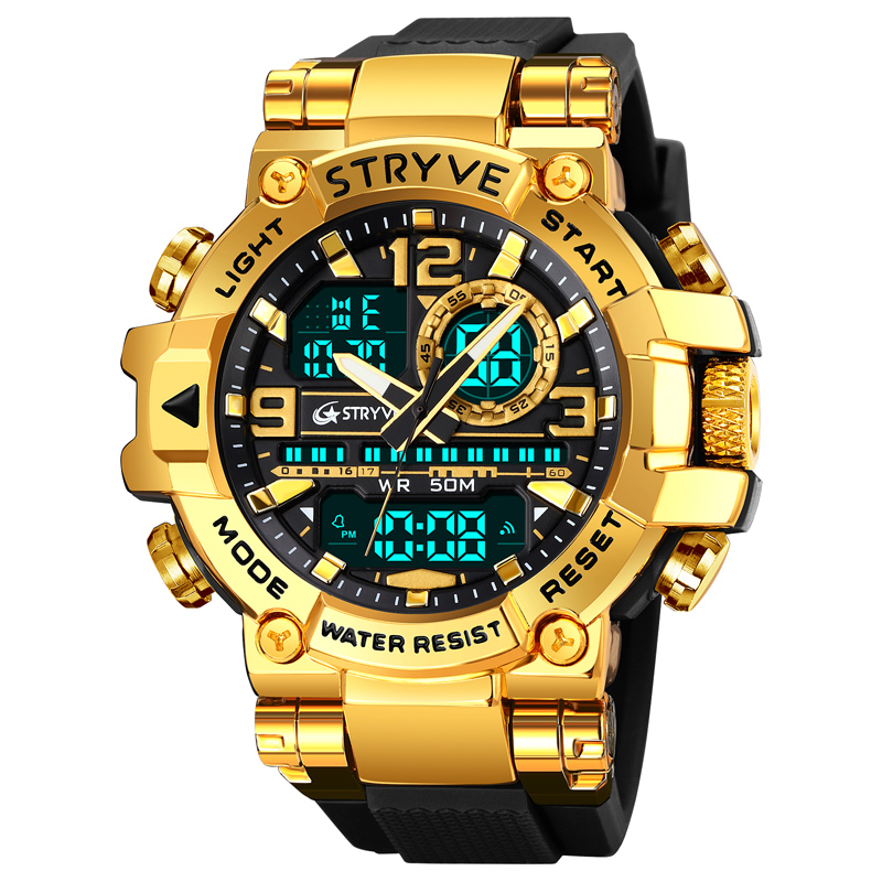 STRYVE Men's Watch Digital-Analog Dual Movement 5ATM Waterproof Watches Sports Watch for Men's 8025: Gold