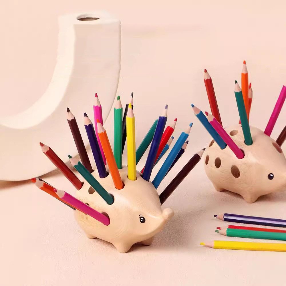 Portalápices de erizo con 21 agujeros, juego de soporte para lápices artísticos de madera, decoración de mesa de superficie lisa, contenedor para bolígrafos, almacenamiento de escritorio