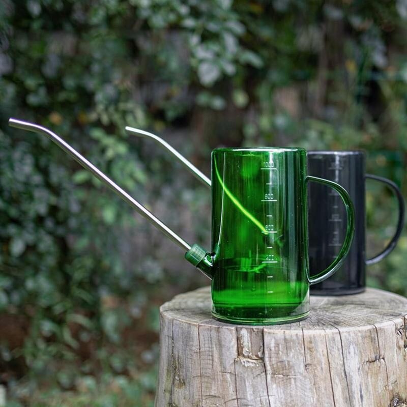 Regadera de acero transparente de boca larga para plantas, bote rociador duradero de 1L, herramientas de jardinería, regadera de flores