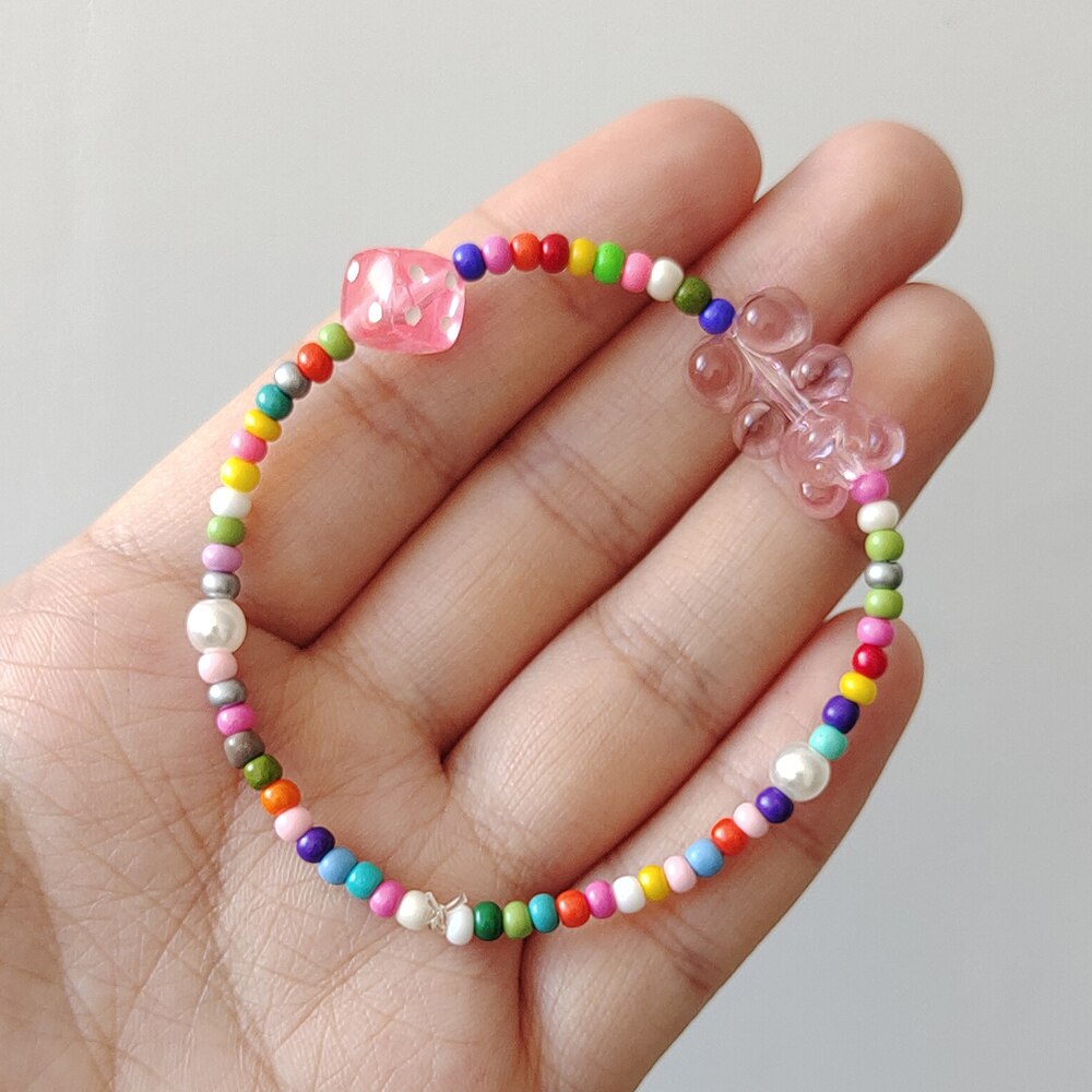 ZX-pulsera con cuentas de resina transparente para mujer, brazalete con cuentas de oso de goma, colorido, étnico, bohemio, , joyería INS: pink