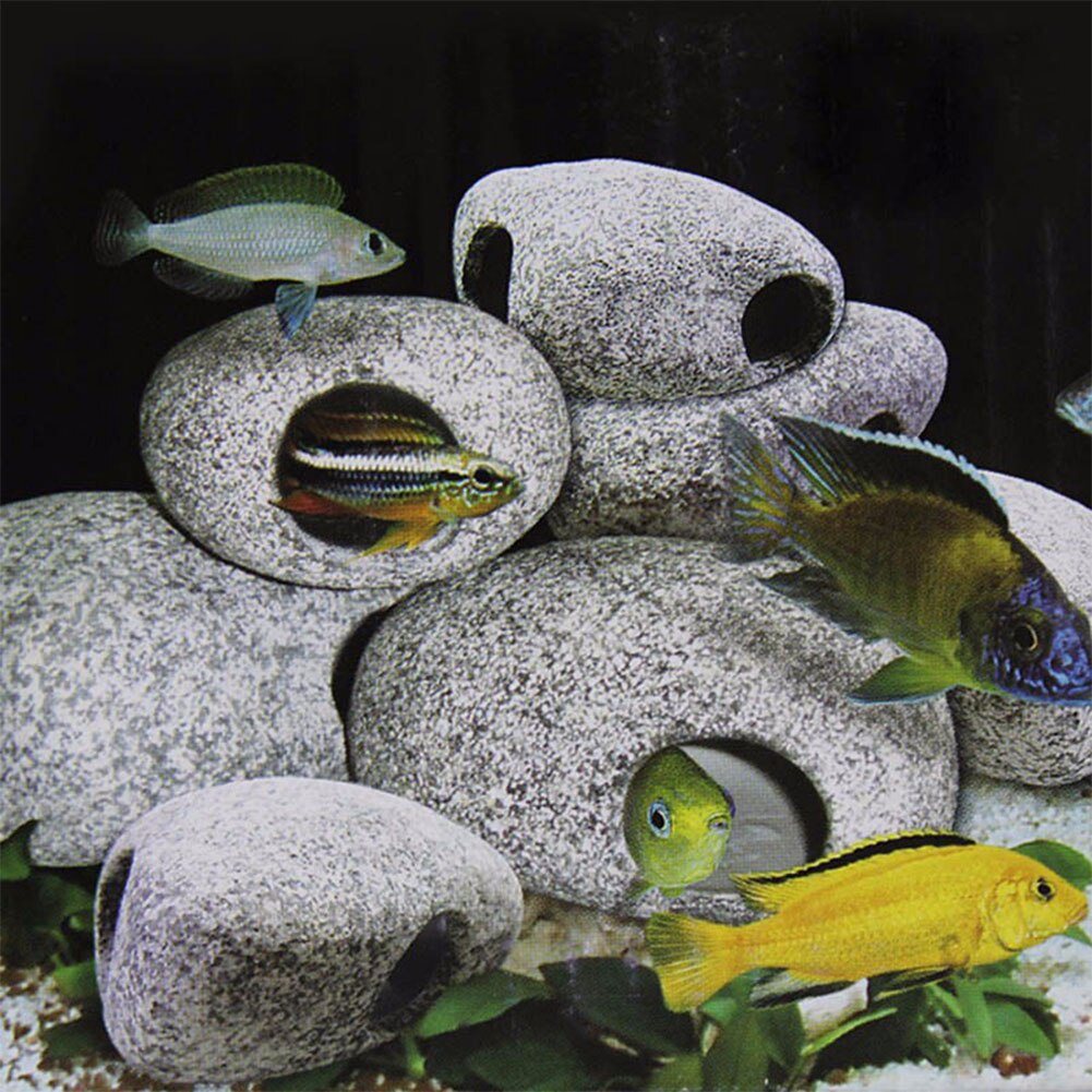 1pc Stones For The Aquarium Ceramic Rock Cave Fish Tank Stone Aquarium Decoration With 2 Holes