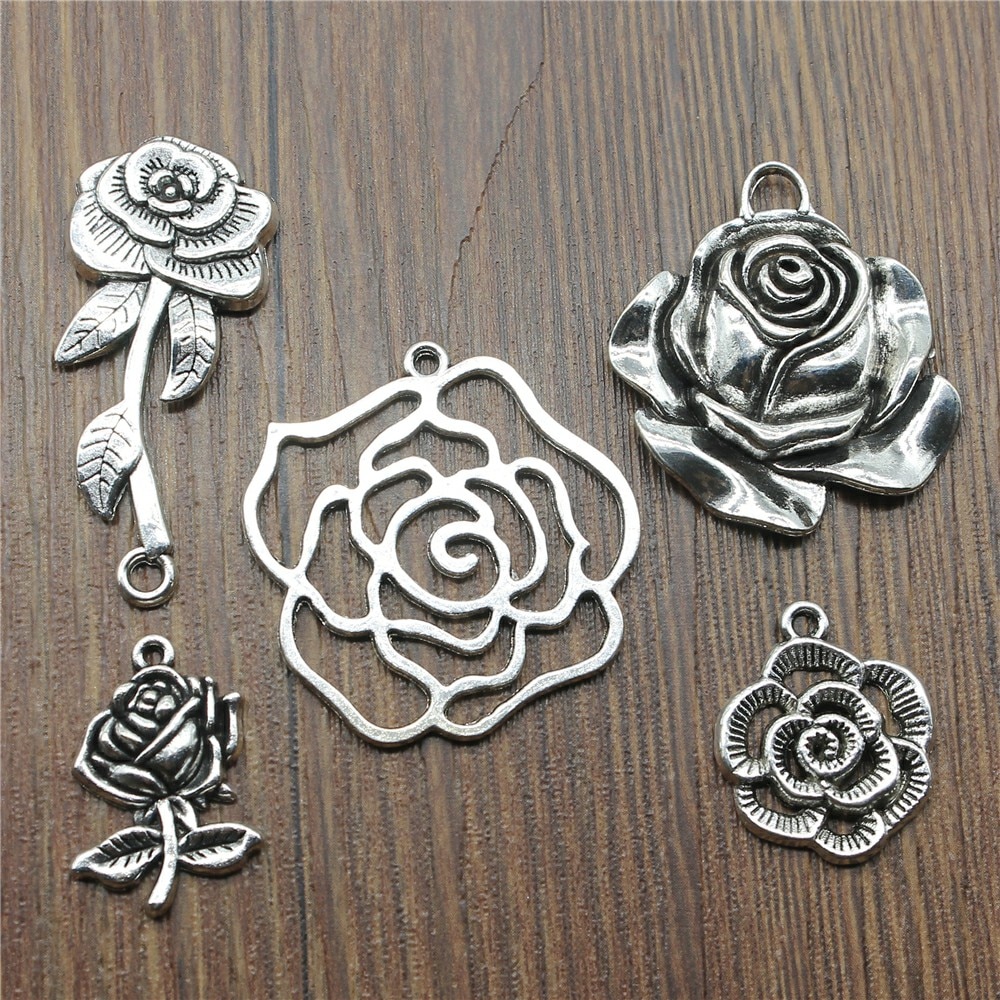 10 stks / partij Charms Rose Antiek Zilver Kleur Rose Flower Charms Hangers Voor Armbanden Flower Rose Charms