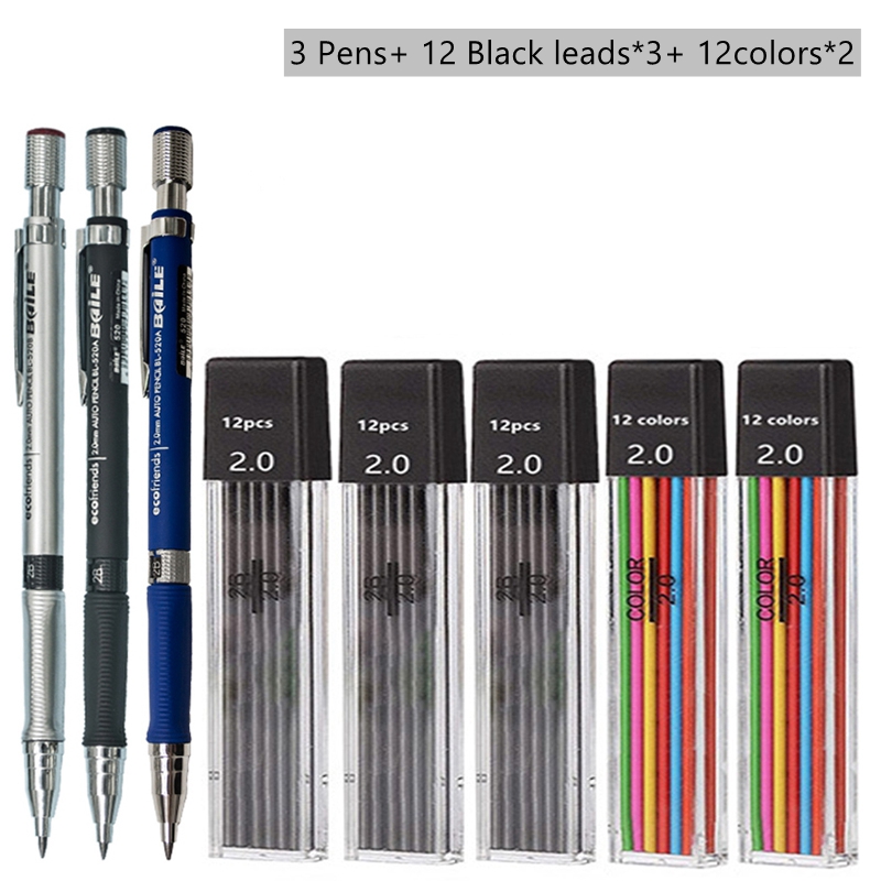 Mechanical Pencil Set 2.0 mm with 2B Black/Colors Lead Refill For Writing Sketching Art Drawing Painting School Automatic Pencil: Lavender