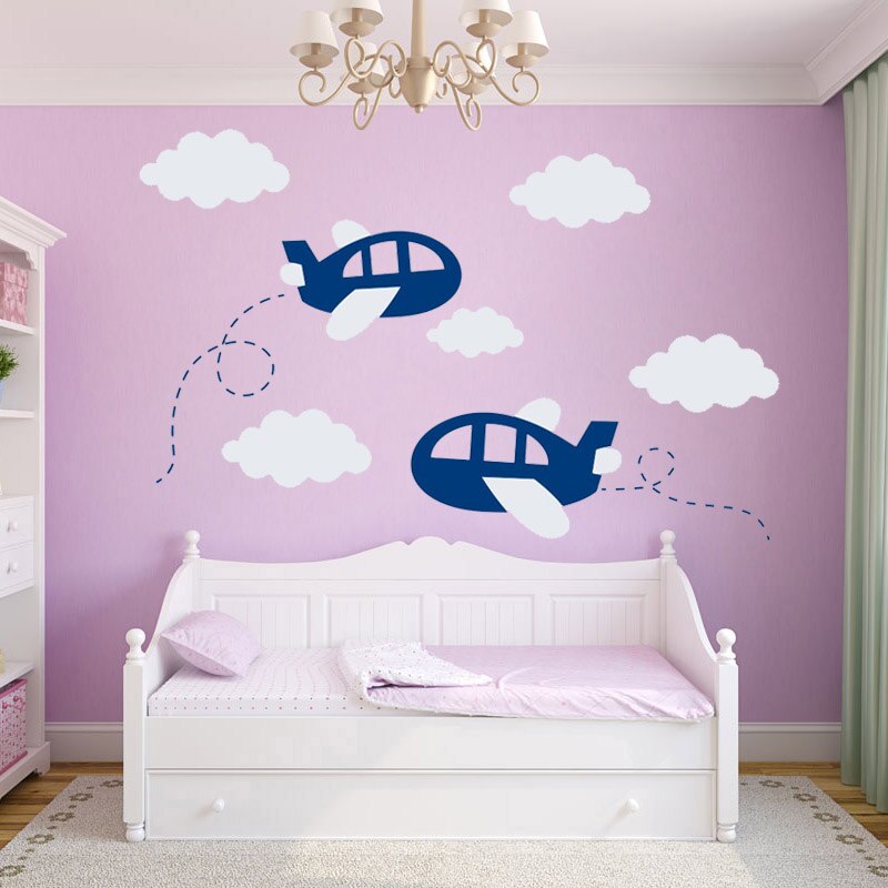 Airplane Wall Sticker Large Nursery Decor Wall Stickers For Kids Room Aircraft Wall Art Decals Plane Clouds Decal Art T180313
