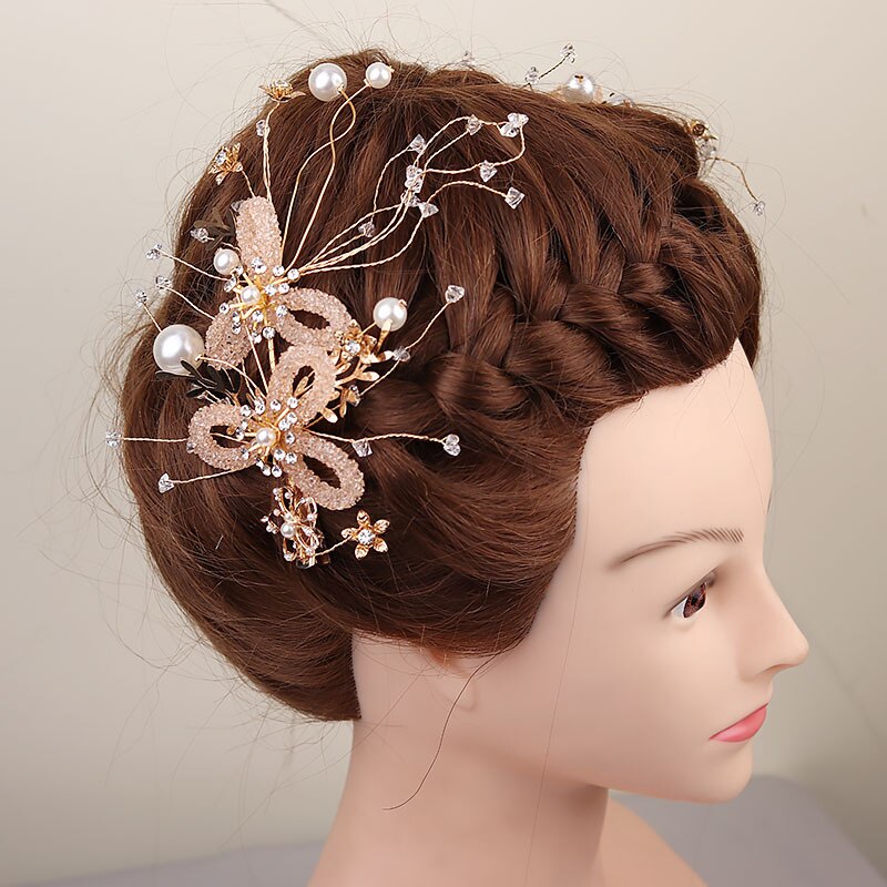 Bridal Hairpins Clips Earring Sets for Photo Shooting Gold Color Rhinestone Pearls Headpieces Headbands Bride Wedding Jewelry