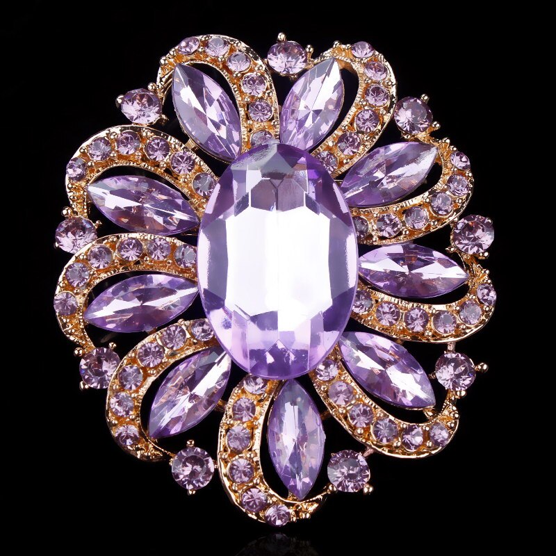 Fabriek Directe Verkoop Klassieke Kristallen Steentjes en Grote Ovale Acryl Bloem Broche Pins voor Vrouwen in Diverse Kleuren: Purple GOLD