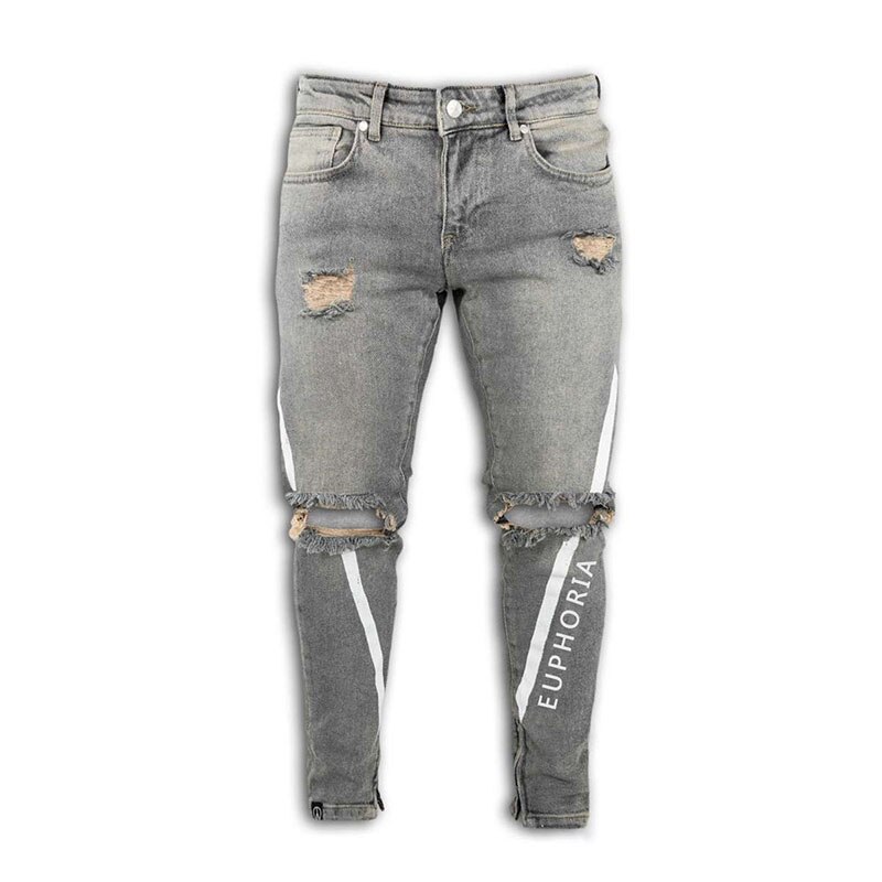 jeans strappati sexy scava fuori uomo moda lettera stampa ginocchio foro nappa jeans attillati strappati Homme pantaloni da jogging casuale in denim