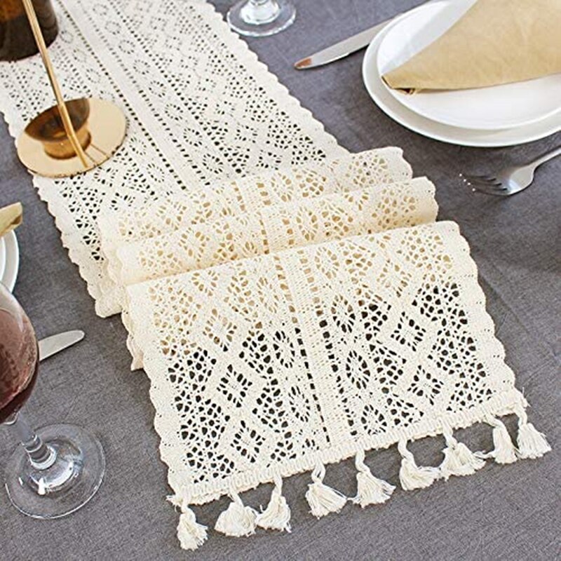 Lace Table Runner with Tassel Long Rectangular Hollow Mesh Tablerunner for Home Hotel Wedding Dining Table Decor