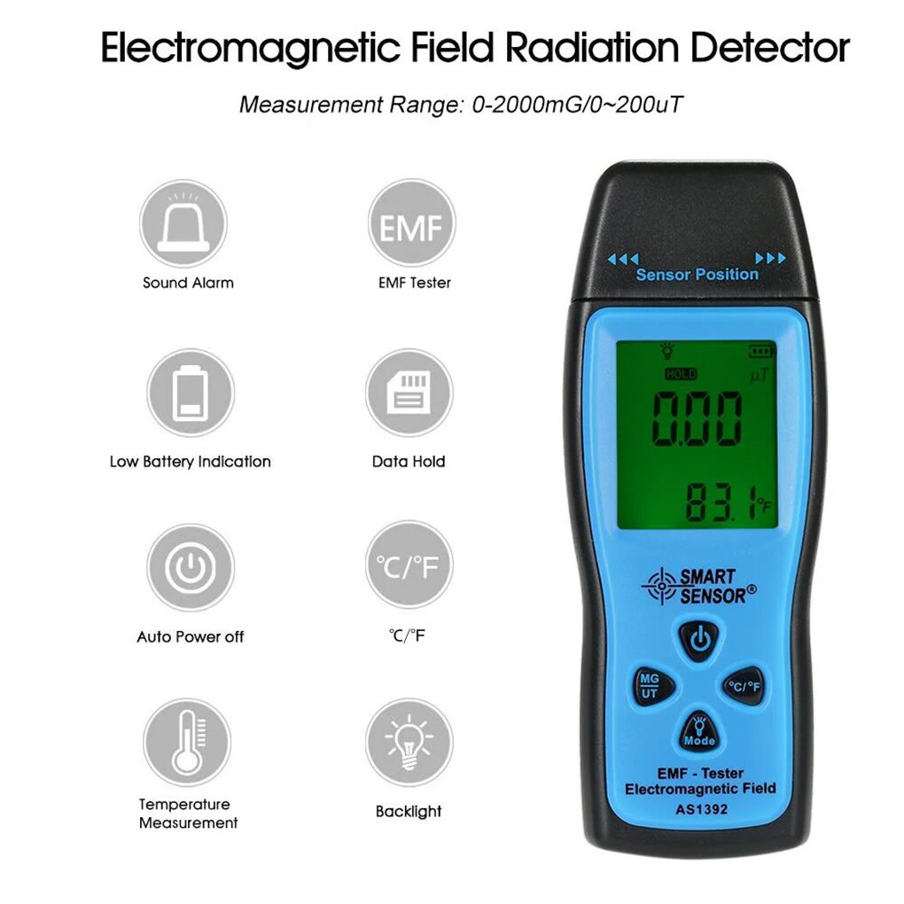 Handheld Electromagnetic Radiation Detector Digital LCD EMF Meter Smart Sensor AS1392 Radiation Meter 0-2000mG Dosimeter Tester