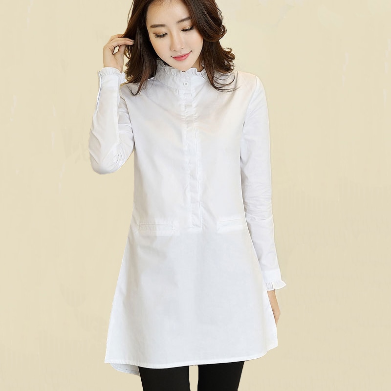 Blusa blanca Vintage con volantes, de para mujer, adorables largo, cuello alto con volantes, Tops de algodón, camisas blancas a la para mujer