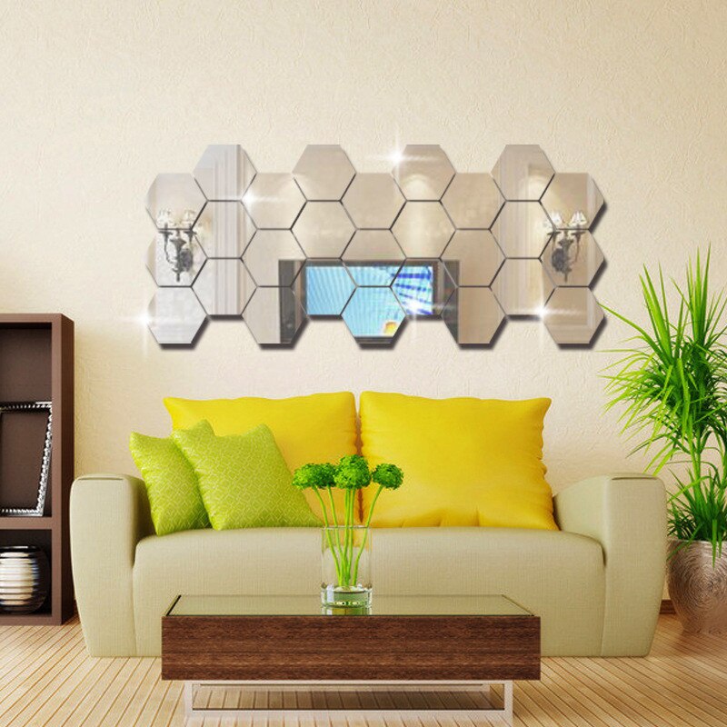 3d vægspejle geometrisk sekskantet spejl vægmærkat klistermærke forstør stue aftagelig sikkerhed diy kunst ornamenter boligindretning: Sølv / Xs 46 x 40 x 23mm