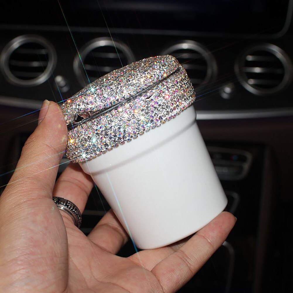 Draagbare auto-asbak met led-lichtjes en bekerhouder met strass-steentjes