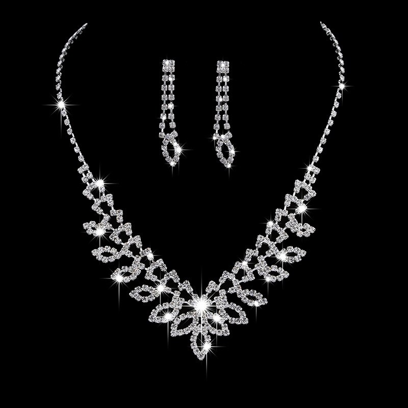 Trendy Female Crystal Flower Jewelry Set Charm Silver Color Dangle Earring For Women Cute White Zircon Wedding Chain Necklace