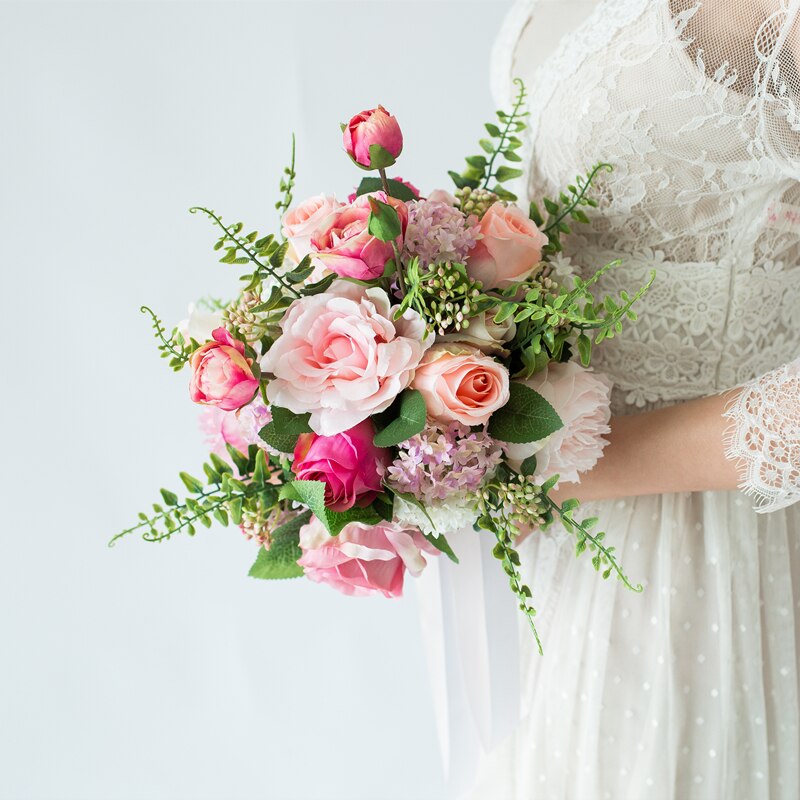 JaneVini Romantische Roze Bruidsboeket Bruids Bloemen Kunstzijde Rozen Land Stijl Bruiden Nep Boeket Ramo De Novia