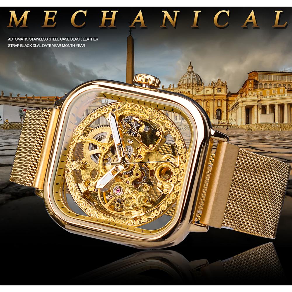 Forsining Mannen Mechanische Horloges Automatische Self-Wind Golden Transparante Mode Mesh Steel Horloge Skeleton Man Mannelijke Uur