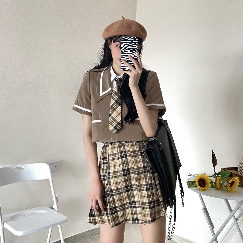 Uniforme scolaire japonais Harajuku Jk d&#39;été, jupe plissée à manches courtes pour femmes, Streetwear à carreaux Mini jupes 2022