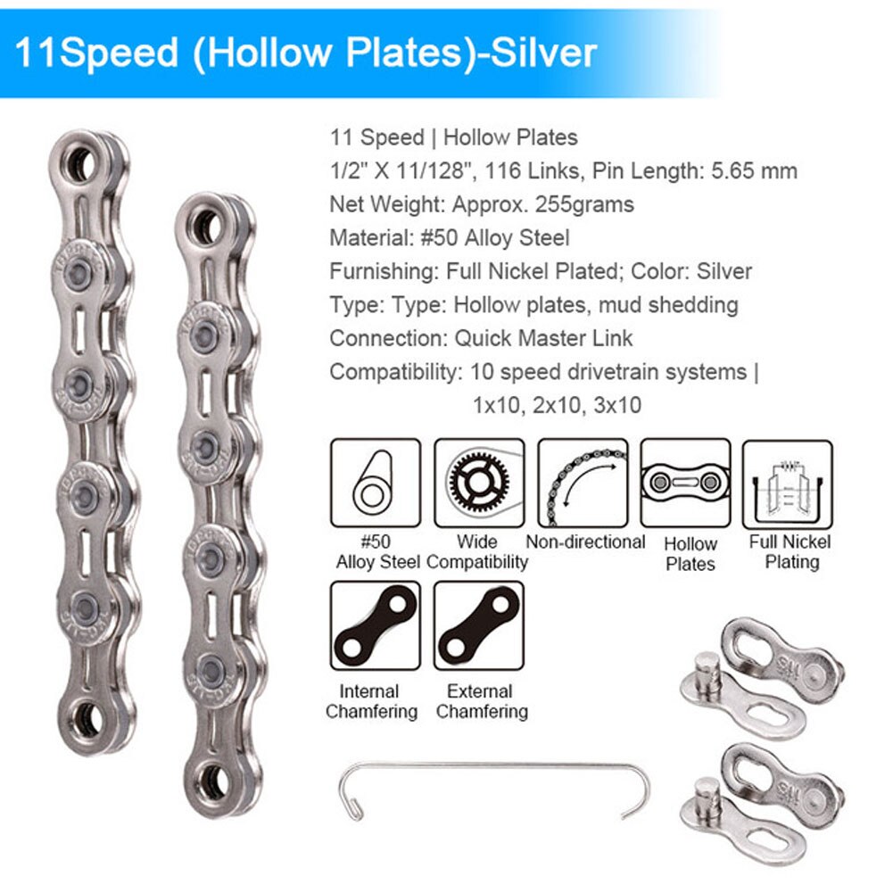 Road Bike MTB Bicycle Chain 8/ 9/10 /11 Speed Hollow Ultra Light Chain Bicycle General Chain Variable Speed Half Hollow Chains: 11 speed