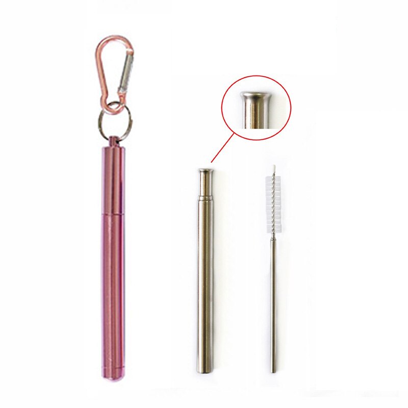 Collapsible Reusable Straw Portable Stainless Steel Telescopic Metal Drinking with Case and Brush for Travel Outdoor: Rose Gold