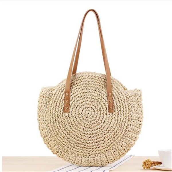 Vintage Strozak Ronde Rotan Zakken Handgemaakte Zomer Zakken Geweven Strand Dames Cirkel Schoudertas Bohemen Meisjes Reizen Handtassen: Style 2-Beige