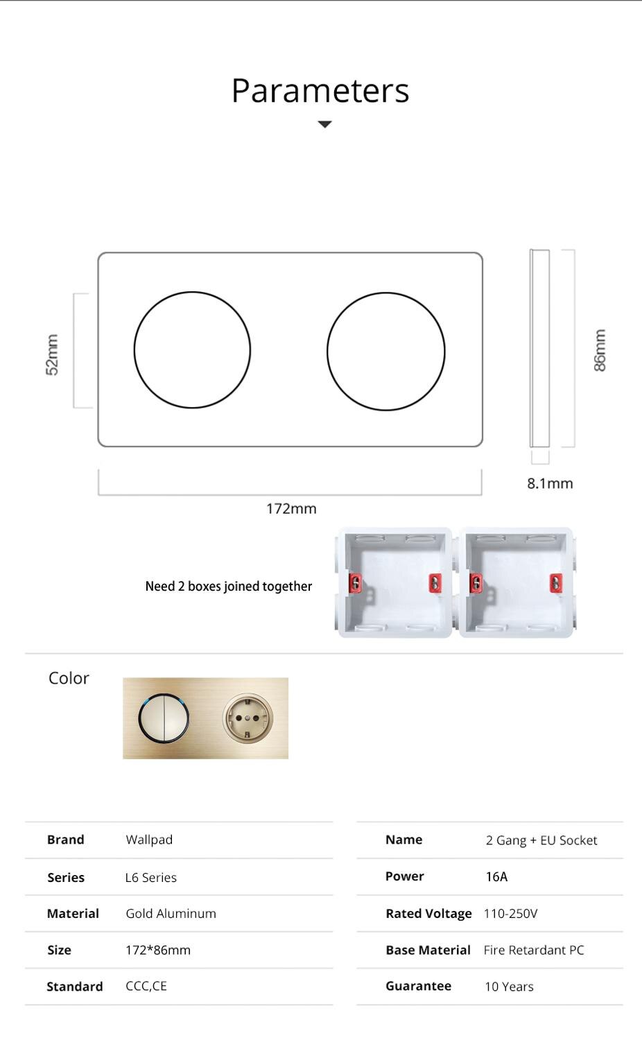 Wallpad L6 Gold 2 Gang Light Switch Blue LED Indicator with EU Electric Power Socket Gold Brushed Aluminum Metal Panel