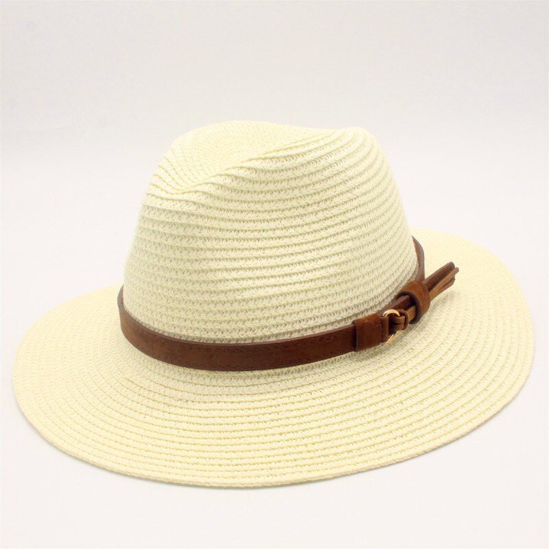 Sommer sol hat til kvinder halm sol hatte bred skygge solskærm kasket solid halm jazz hat strand cap sombrero panama gorras: Mælkehvid