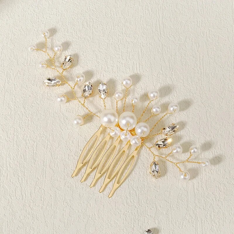 Peineta para el pelo de novia con perlas de cristal, tocado con diamantes de imitación, pinza para el pelo para novia, diademas, accesorios, joyería: Oro