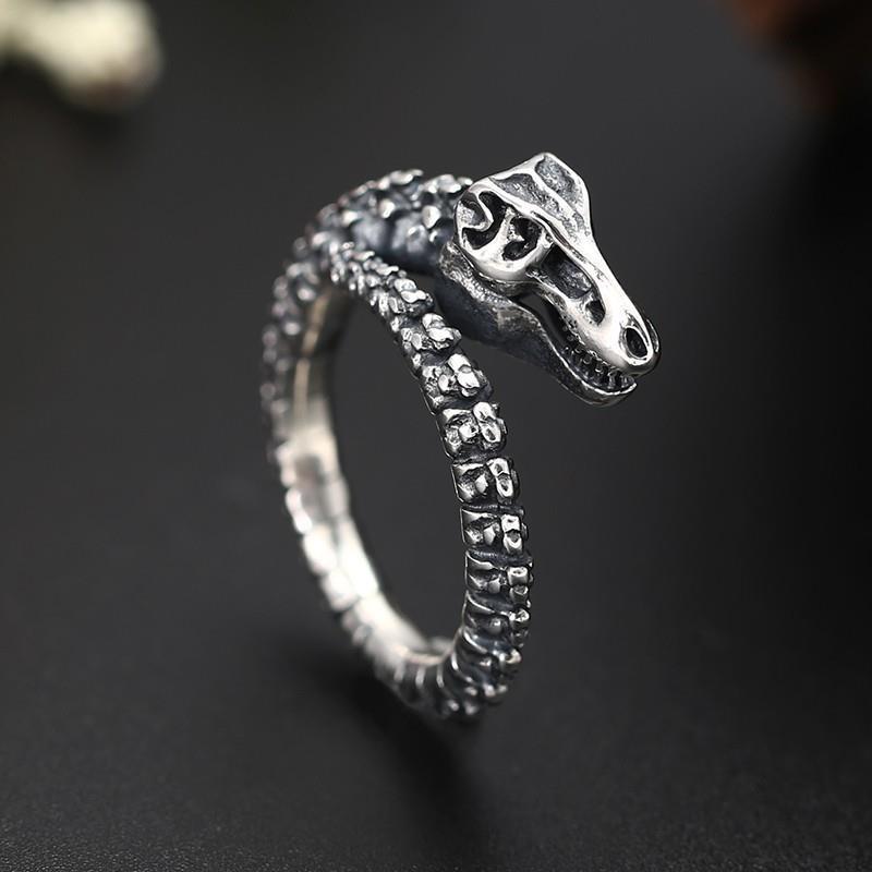 Retro Goat Horn Skull Dragon Bones Rings Men Women Punk Rock Hip Hop Locomotive Ring Ancient Silver Jewelry Adjustable: WN1131-2