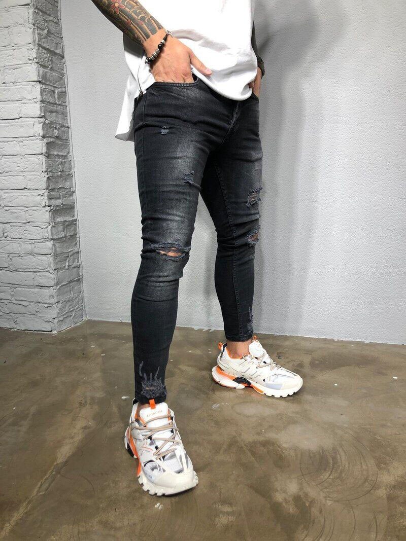 Men Long Pencil Pants Skinny Ripped Jeans Slim Spring Hole Jeans Men Hip-Hop Ankle Totem Denim Trousers