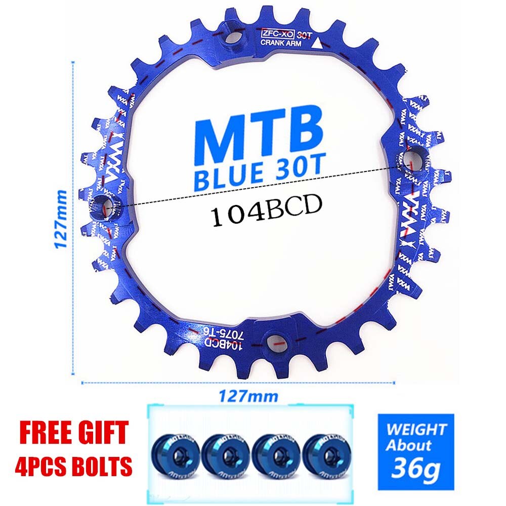 Vxm fiets 30t kettingbladen 104 bcd mountainbike kettingblad smal breed mtb single speed fiets kettingblad gekleurde fietsbouten: Ronde 30t blauw