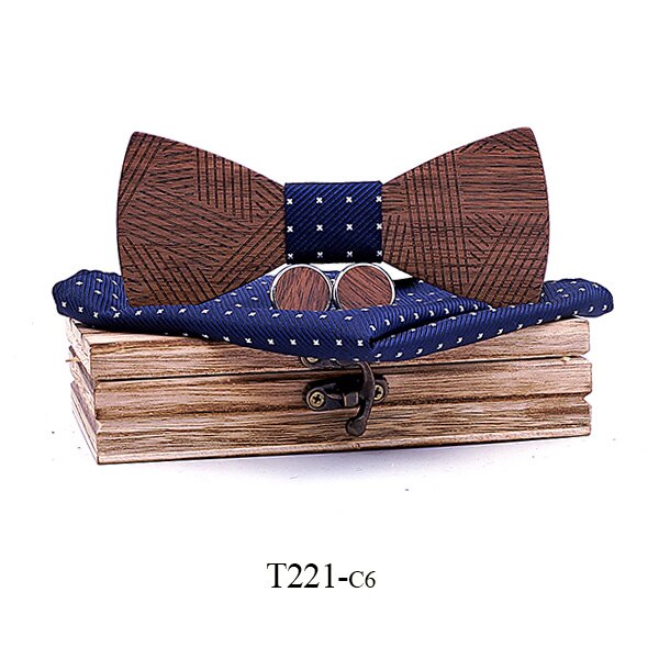 Conjunto de pajarita de madera a cuadros para hombre, conjunto de pajarita de madera a rayas, pañuelo y gemelos con caja de madera para hombre, de boda: T221-C6