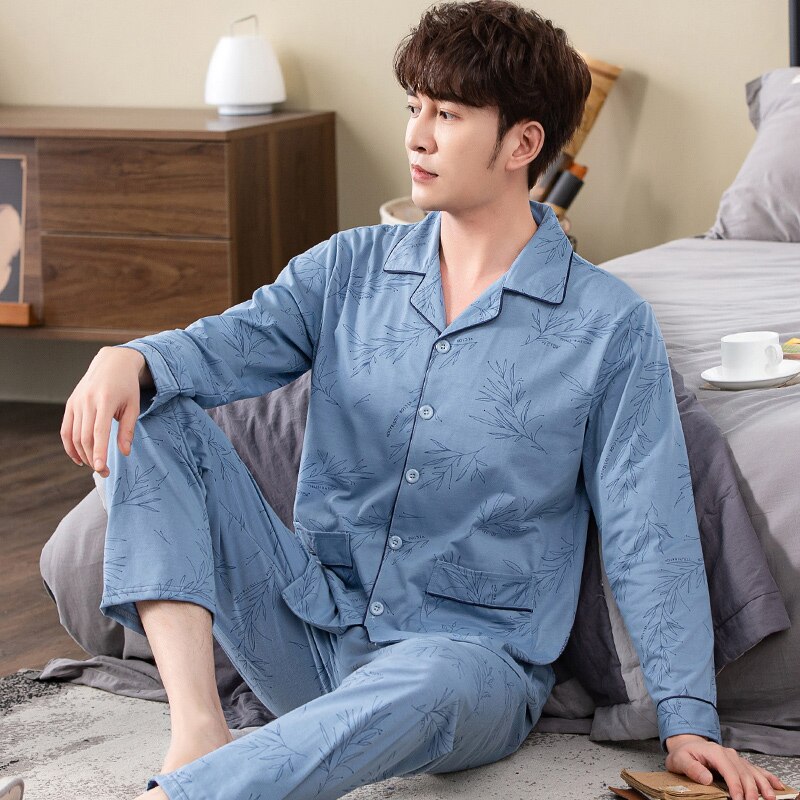 Pijamas estampados para hombre, ropa de dormir de algodón de manga larga, cárdigan de talla grande 4XL, traje para el hogar para jóvenes, primavera y otoño