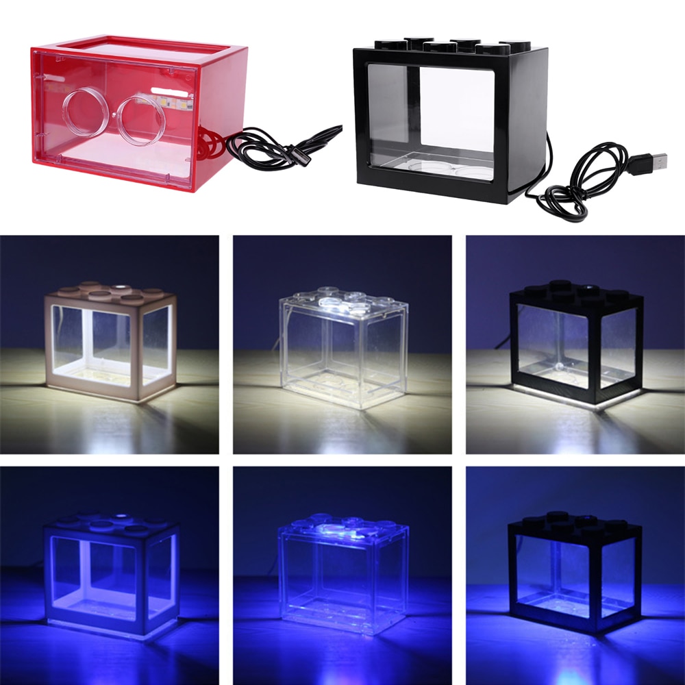 Fisketank led lys mini akvarium usb strøm 1l kapasitet lampe betta boks feed skrivebord hjemmeinnredning baby fiskerase fisk isolasjonsboks