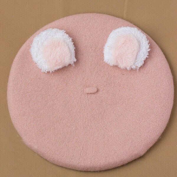 Lovely Lolita Bear Ear Berets Cute Female Wool Berets for Winter: pink 2