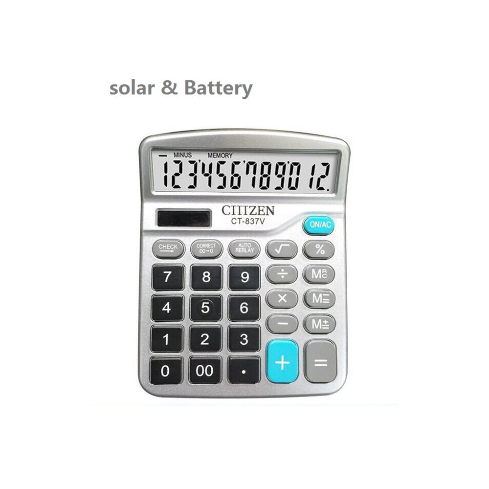 12 Digit Desk Calculator Large Buttons Financial Business Accounting Tool white big buttons battery and solar power
