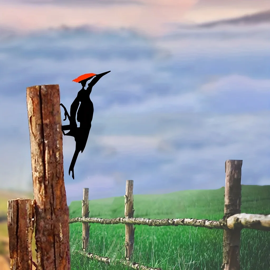 Spætte på gren stål silhuet metal vægkunst hjem have gårdhave udendørs statue pæl dekoration perfekt