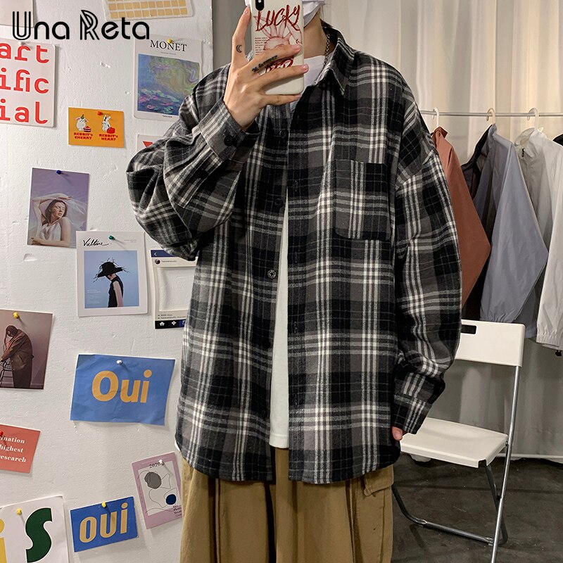 Una Reta Men Shirts Spring Hip hop Black gray grid Shirt Men Clothing Long Sleeve Plus Size Harajuku Casual Shirts Man