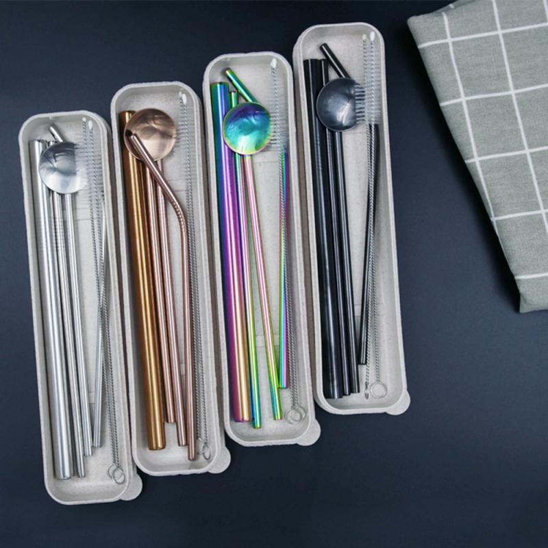 4 Pcs Metal Straw Reusable Stainless Steel Straw Set With Travel Box Cleaning Brush Drink Fruit Juice Wine Milk Tea